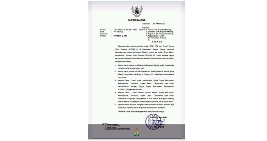 Surat Himbauan Bupati Malang 29 Maret 2020, yang beredar di WA masyarakat. (ist)