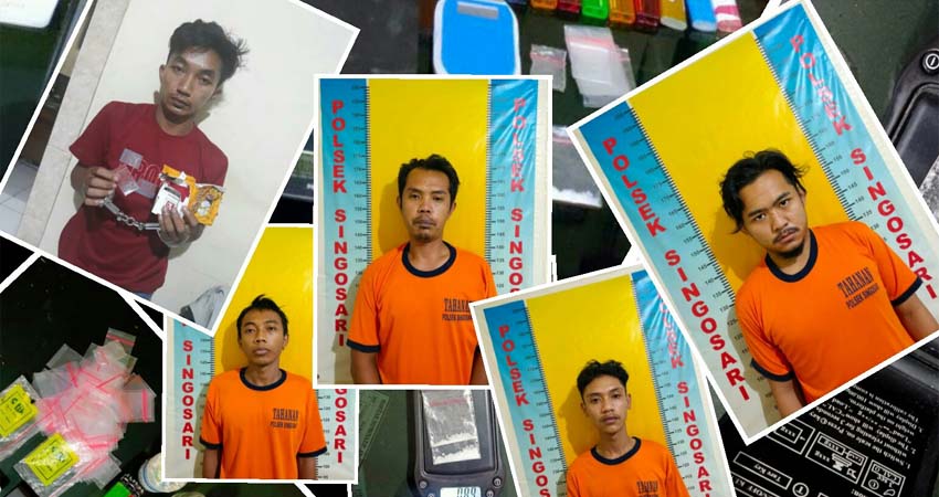 Para tersangka yang ditangkap Polsek Singosari dan ilustrasi latar foto barang bukti. (Humas Polres Malang)