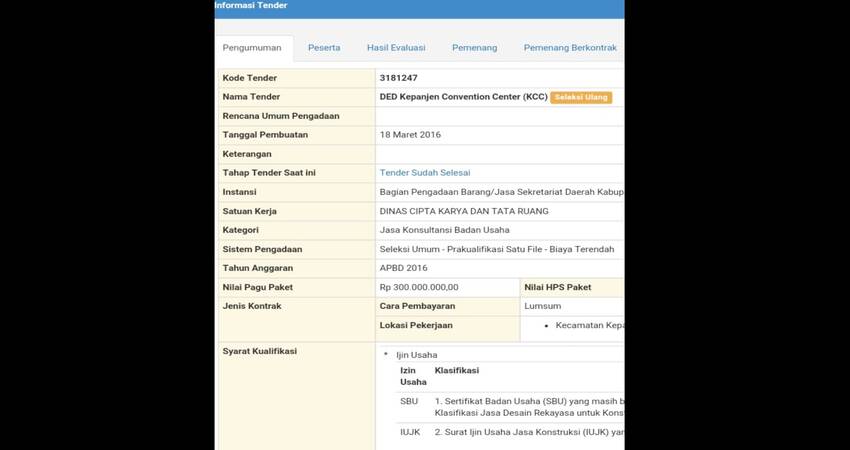 Data Pengumuman tender DED Kepanjen Convention Center.