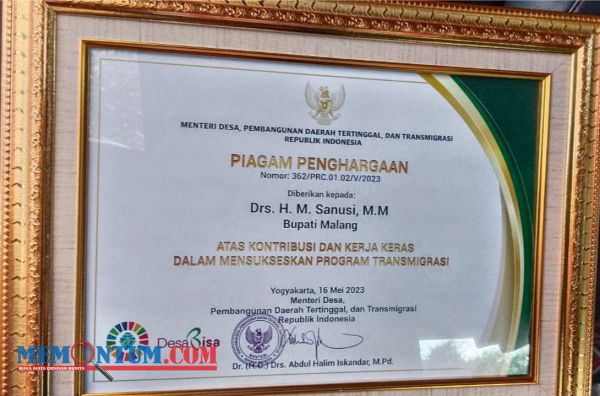 Sukseskan Program Transmigrasi, Bupati Malang Raih Penghargaan dari Menteri Desa PDTT